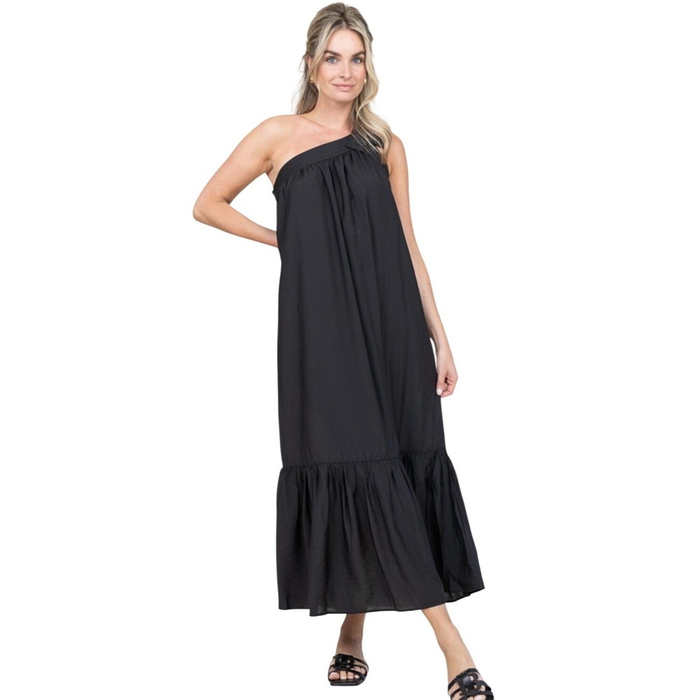 A New Day Womens One Shoulder Ruffle Hem Maxi Dress Black XL NWT